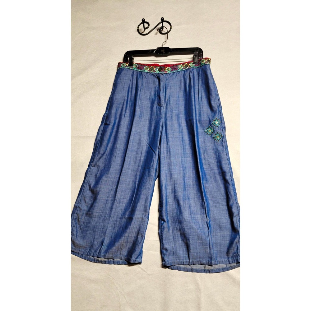 Desigual Blue Denim Lyocell Embroidered Wide-Leg Cropped Pants Size 32